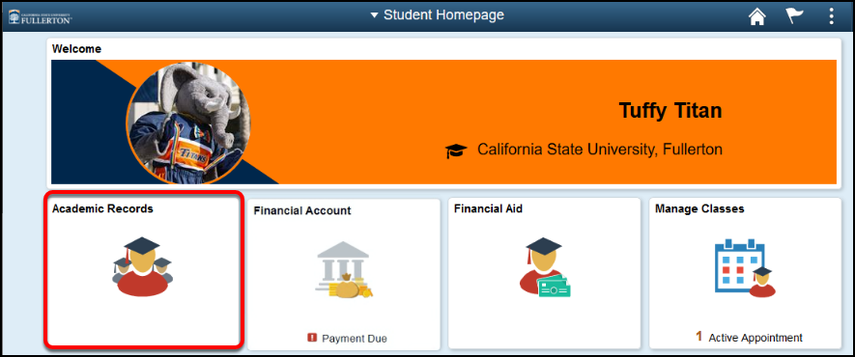 Image of the student portal with the academic records tile highlighted in red